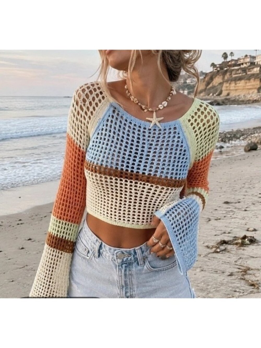 Urban Outfitters Chloe Crochet Open Knit Boho Sweater Bell Sleeves Womens Small